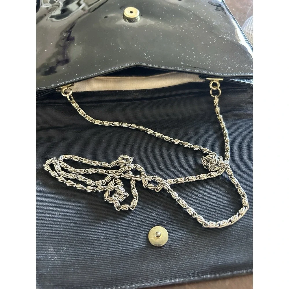 60s Patent Envelope Clutch Shoulder Purse Bag Marble Lucite Detail Chain Black